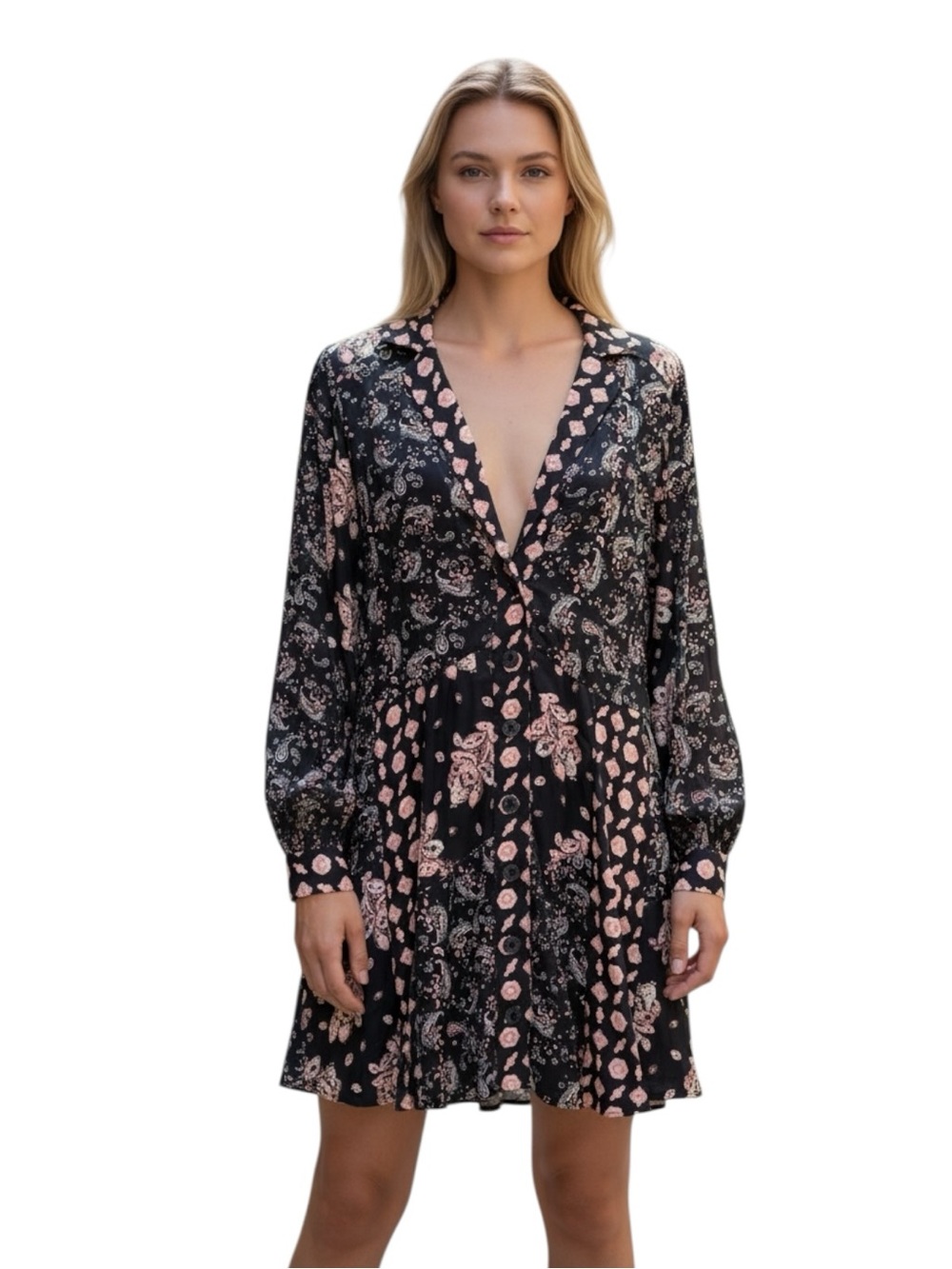 Free People  Pink Floral Paisley Print Black Dress Boho